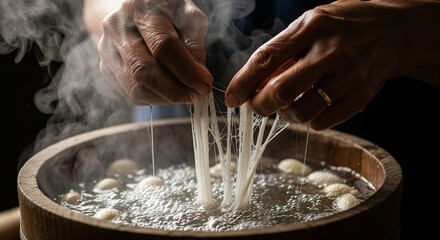 Fototapeta premium Traditional Silk Production: Artisan Hands Extracting Fine Threads from Boiling Cocoons in Mystical Light 