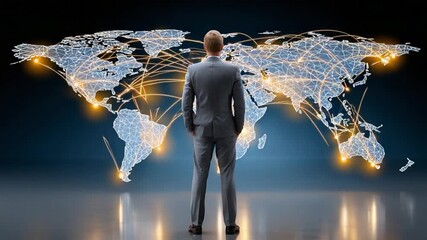 Global Visionary: A modern business executive gazes confidently at a glowing world map, representing international business network and global connectivity - Powered by Adobe