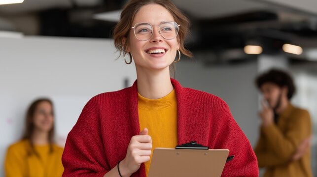 A cheerful Caucasian woman with glasses stands confidently, clipboard in hand, leading her team in a bright, open office space