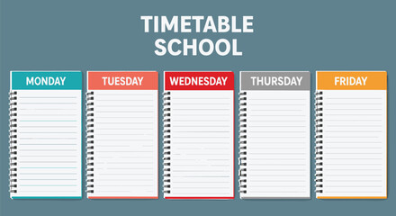 Spiral-bound school timetable template with weekday color-coded pages for organizing student schedules on a vibrant blue background