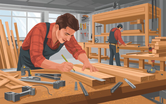 Skilled Carpenter Measuring Wood in Workshop with Tools and Lumber