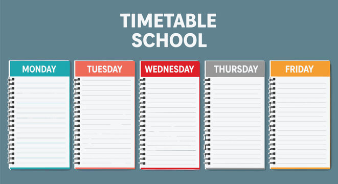 Spiral-bound school timetable template with weekday color-coded pages for organizing student schedules on a vibrant blue background