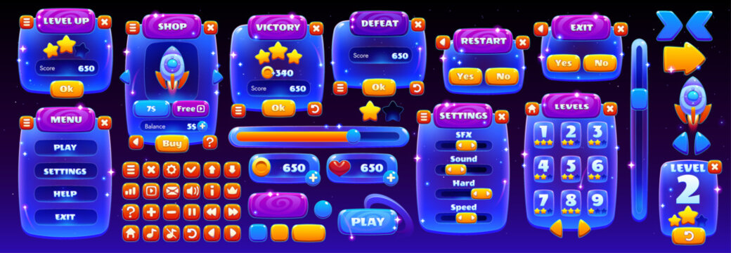 Space game interface galaxy asset. Vector UI neon buttons, glowing panels, menu frame, shop and sliders. Cartoon space game victory defeat screen, galaxy star scoreboard and interface settings board