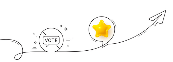 Stop voting line icon. Continuous line with share plane. Do not vote sign. No public election symbol. 3d star in speech bubble. Stop voting single line ribbon. Loop curve pattern. Vector