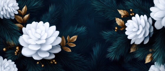 Luxurious Holiday Floral Design with White Flowers, Gold Accents and Dark Teal Foliage