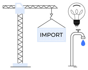 Crane lifting container labeled IMPORT, representing logistics. Lightbulb symbolizing innovation. Faucet with drop signifying resources. Ideal for trade, supply chain, economy, innovation, resources