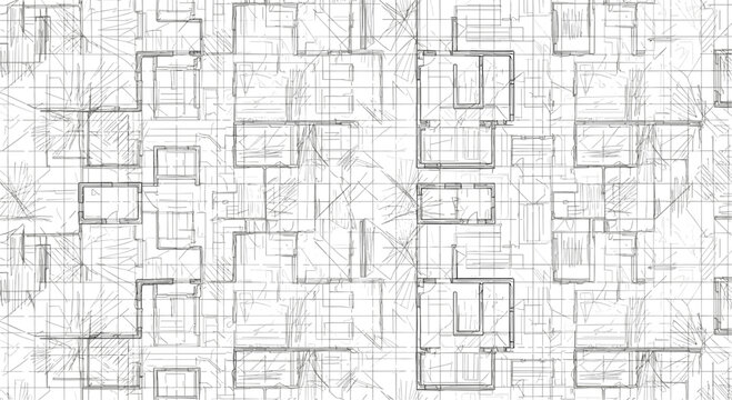 Minimalist seamless pattern featuring abstract architectural sketches and geometric grids, creating a clean, technical blueprint design.