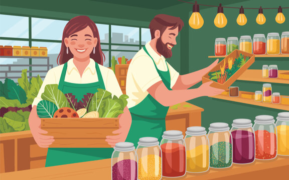 Happy grocery store owners displaying fresh produce and jars of preserves