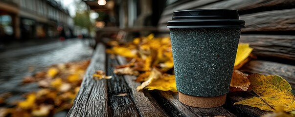 Cozy takeout coffee cup resting on a weathered wooden bench among autumn leaves in an urban street scene