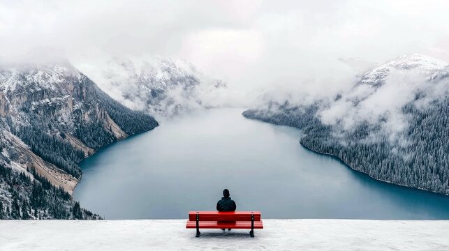 A solitary figure sits on a vibrant red bench, gazing at a serene, mist-shrouded lake nestled between imposing, snow-capped mountains and dense pine forests.