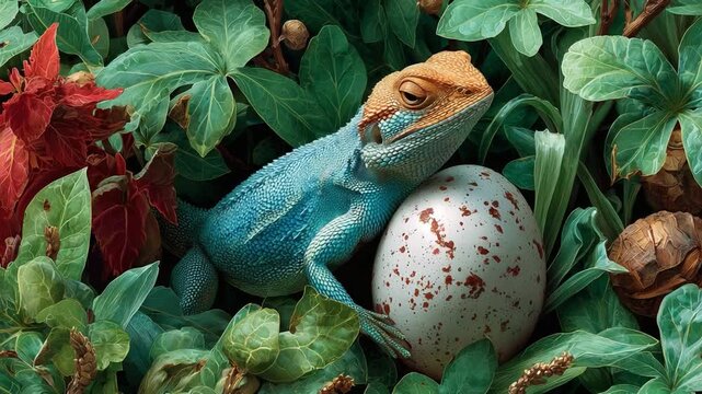 Lizard guarding egg: A vibrant lizard, its skin adorned with hues of blue and orange, rests beside a speckled egg amidst a dense, verdant tapestry of leaves and foliage.