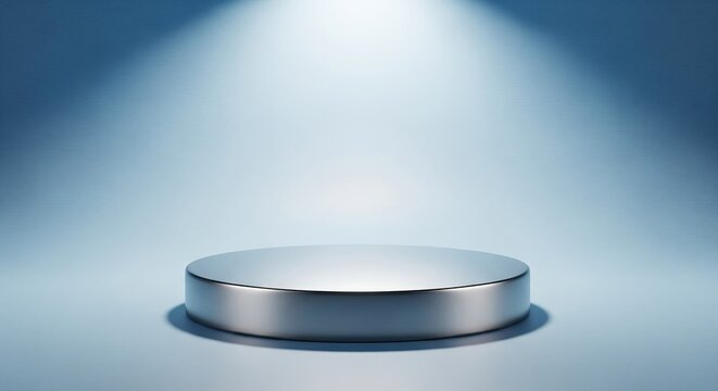 Sleek metallic podium spotlighted in modern studio for product display or award presentation, creating a sense of prestige and achievement.