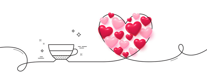 Americano coffee icon. Continuous line big heart. Hot drink sign. Beverage symbol. 3d hearts in heart shaped loop. Americano single line ribbon. Loop curve pattern. Vector