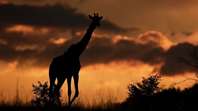 Silhouette of an African giraffe walking at sunset