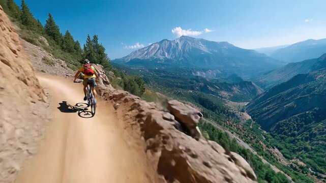 Mountain Biking on the Edge: An adventurous individual fearlessly navigates a winding mountain bike trail.