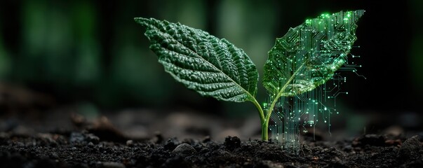 Digital green leaf with circuit patterns: a futuristic fusion of nature and technology