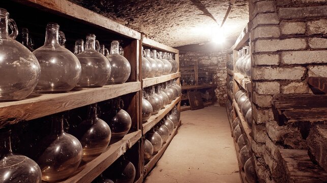 demijohns. Ancient wine cellar with stone walls and large glass demijohns on dusty wooden shelves. bar promotions, beverage menus, designed for food & beverage menus and cafe branding.