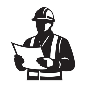 Silhouette of a construction worker in a hard hat and safety vest reviewing blueprints isolated on white background
