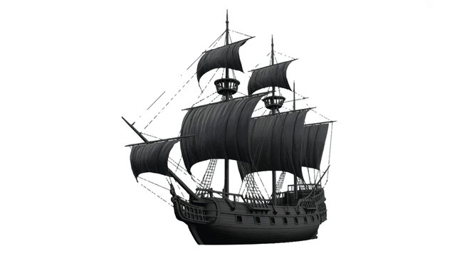 A detailed silhouette of a black pirate ship with three masts against a white background.  (1)_traced