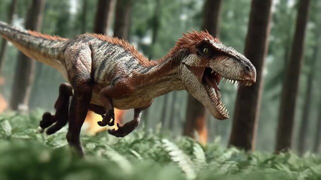 Velociraptor in the Wild: A dynamic velociraptor strides powerfully through a dense forest, exuding the primeval energy of a prehistoric predator, showcasing sharp claws and intense gaze.