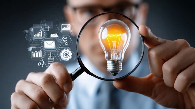 Illuminating the Idea: A focused individual uses a magnifying glass to examine a luminous light bulb. This imagery signifies the exploration of fresh ideas within a technology and data landscape. 