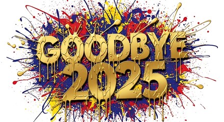 Golden goodbye lettering over colorful paint splatter background