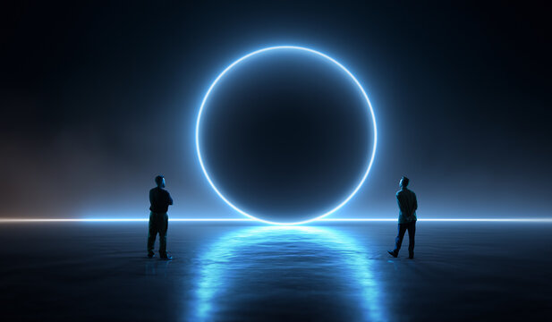 Surreal composition of two people observing glowing neon circle postal on foggy dark background. Concept of futuristic sci-fi spaces, digital tech driven visuals, and holographic tech environments.