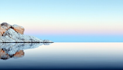 A tranquil scene of a rocky shoreline meeting a perfectly still body of water, reflecting the soft, gradient hues of the sky.