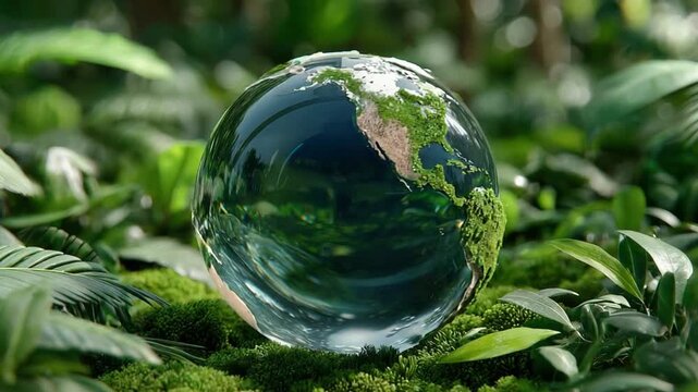 Earth in Focus: A stunning, crystal-clear glass sphere showcasing a miniature planet Earth, nestled amongst vibrant green foliage.