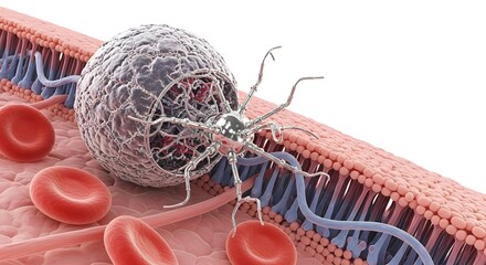 Nanobot interacting with biological tissue and red blood cells