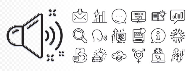Genders, Incoming mail and Web tutorials line icons for web app. Glare of light effect. Message icon. Pack of Human sing, Phone message, Car review pictogram icons. Vector