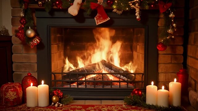 Cozy fireplace with burning logs festive holiday decorations and glowing candles