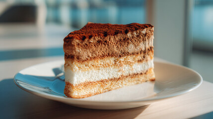 A slice of tiramisu cake on a white plate with layers of cream and cocoa powder topping dessert