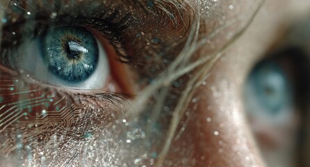Close up blue eye surrounded by circuit patterns and glowing digital effects for technology themed imagery