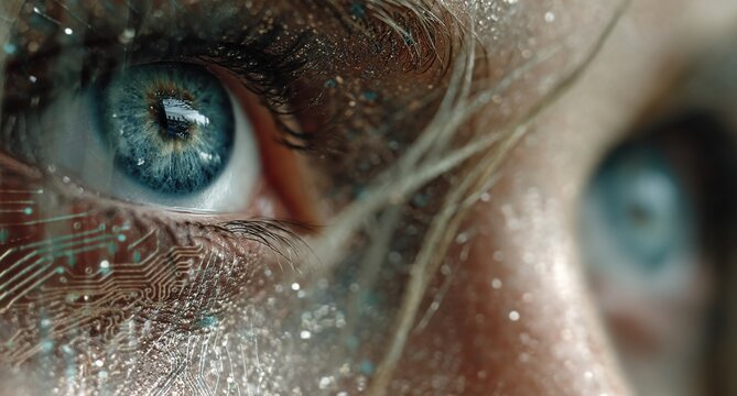 Close up blue eye surrounded by circuit patterns and glowing digital effects for technology themed imagery - Powered by Adobe