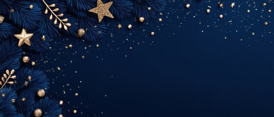Fototapeta premium Elegant Christmas and New Year Background with Golden Ornaments and Blue Fir Branches