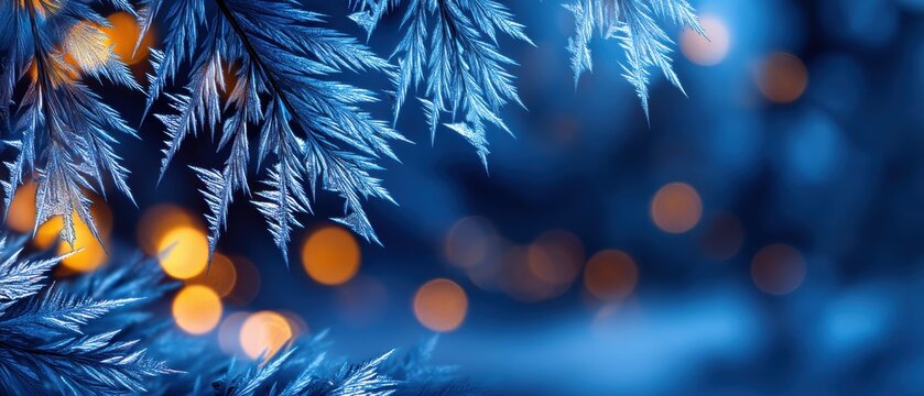 Winter Frost Patterns on Glass with Warm Bokeh Lights
