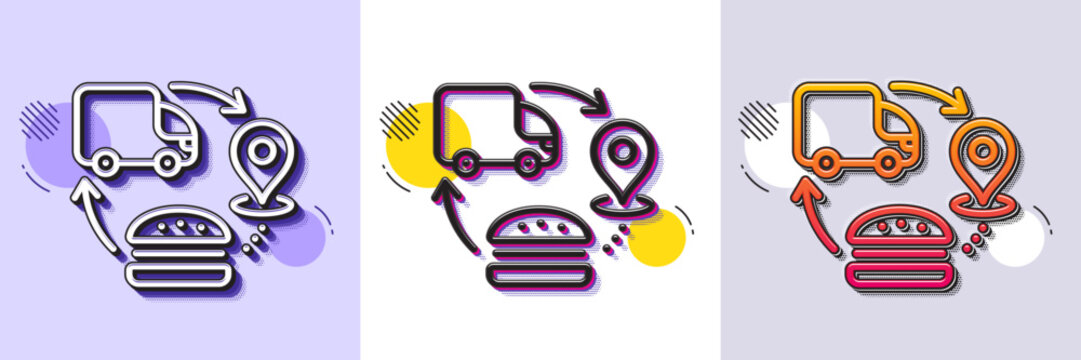 Supply chain line icon. Halftone dotted pattern. Gradient icon with grain shadow. Food delivery sign. Products supplier symbol. Line supply chain icon. Various designs. Vector