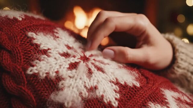 Womans hand on red snowflake sweater near fireplace