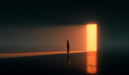 Man facing illuminated neon orange doorway in dark minimal collage space. Concept of futuristic ambient visuals, AI-powered spatial design, tech minimalism, and immersive digital backgrounds.