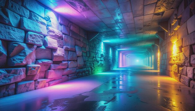 Abstract Neon Tunnel With Reflective Floor And Rough Stone Walls Illuminated By Vibrant Blue Pink And Yellow Lights