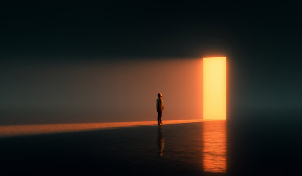 Man facing illuminated neon orange doorway in dark minimal collage space. Concept of futuristic ambient visuals, AI-powered spatial design, tech minimalism, and immersive digital backgrounds.