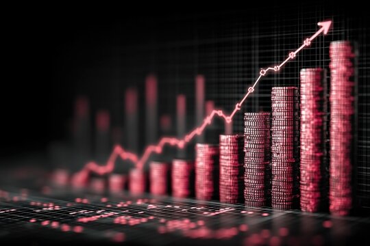 Pink bar graph rises upward through a pastel coral landscape under a dark, dramatic backdrop - Powered by Adobe