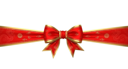 Ornate red and gold ribbon bow against a solid black backdrop on transparent background
