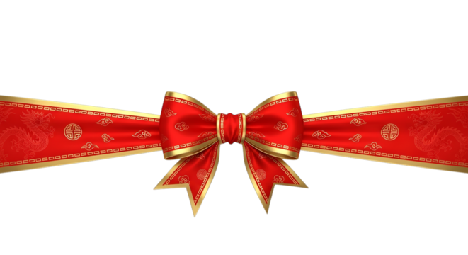 Ornate red and gold ribbon bow against a solid black backdrop on transparent background