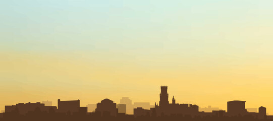 Panoramic poster of the city skyline with misty background buildings, hills sunrise, sunset and clouds of BRUGES, BELGIUM