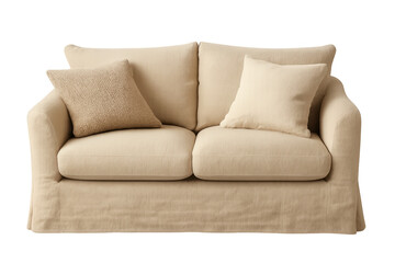 Fototapeta premium Neutral beige loveseat sofa with two decorative cushions, offering comfortable seating and home interior styling