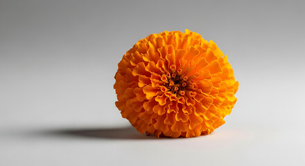 A close up of an orange marigold flower isolated against a plain light gray background studio shot