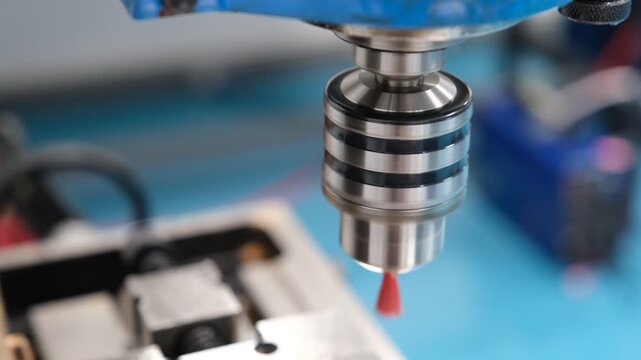 Drill press, Carpenter drilling wood with drill press machine. Media