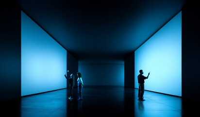 Neon surreal design. People interacting with large glowing blue screen walls in futuristic minimal corridor. Concept of tech display spaces, AI-enhanced backgrounds, and immersive digital visuals.